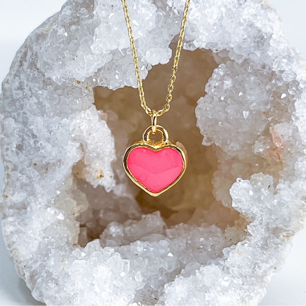 3/$20 24k Gold Neon Pink Resin Heart Handmade Charm Pendant Necklace